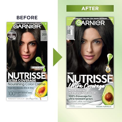 Garnier Hair Color Nutrisse Ultra Coverage Nourishing Creme, 200 Deep Soft Black (Black Sesame) Permanent Hair Dye, 3 Count (Packaging May Vary)