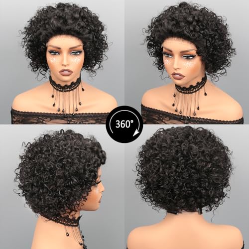 Short Curly Pixie Cut Wig Human Hair 5X5 Closure Glueless Wigs Human Hair Pre Plucked Pre Cut 8 Inch Brazilian Real Hair Pixie Wigs for Black Women Natural Color