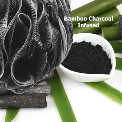 SHOWER BOUQUET Loofah-Charcoal Bath-Sponge XL-Color-4-Pack // Extra Large 75g Soft Mesh Black Luffa Loofa Loufa Puff Set/Exfoliating Body Scrubber for Women and Men - Exfoliate & Soothe Face & Body