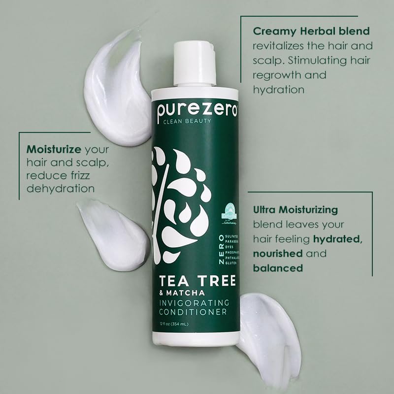 Purezero Tea Tree & Matcha Shampoo and Conditioner Set - Nourishing & Invigorating Scalp Treatment - Zero Sulfates, Parabens, Dyes Vegan and Cruely Free (12 Fl Oz (Pack of 2))