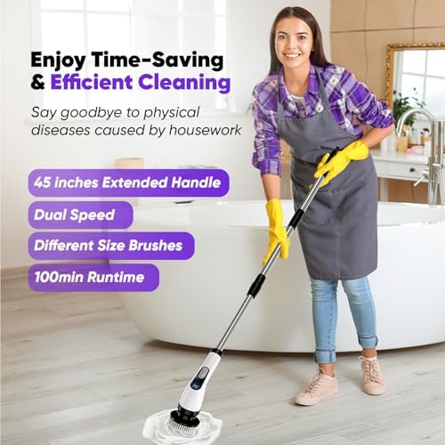 Powerful Electric Spin Scrubber Cordless — 3000mAh Cordless Bathroom Scrubber with 2 Speeds + 7 Brush Heads + 1 Wall Hanger + 3 Crevice Tools — Bathroom Cleaning Brush. Electric Shower Scrubber