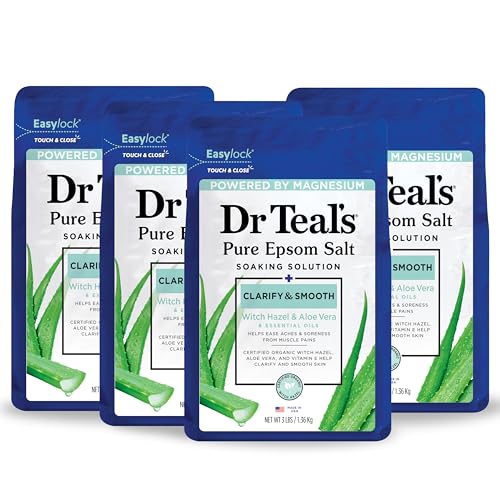 Dr Teal's Pure Epsom Magnesium Salt Soak, Clarify & Smooth with Witch Hazel & Aloe Vera, 3 lbs (Pack of 4)