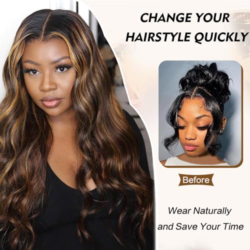 Long V Part Body Wavy Wig With Black With Highlight Brown Upgrade U Part Synthetic Water Wavy Wigs for Black Women Full Head Clip In Hair Glueless Synthetic Wigs (Black Mix Brown)