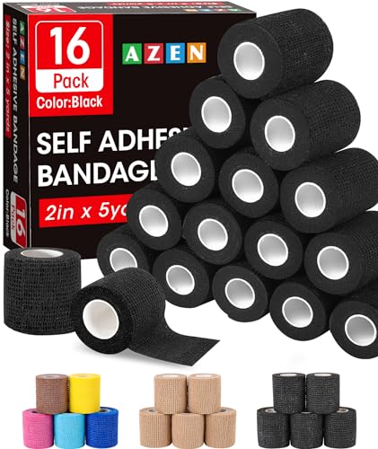 AZEN 16 Pack Self Adhesive Bandage Wrap Black, 2" X 5 Yards Black Athletic Tape, Vet Wrap, Tattoo Grip Tape Wrap，Ankle Tape, Cohesive Bandage Wrap