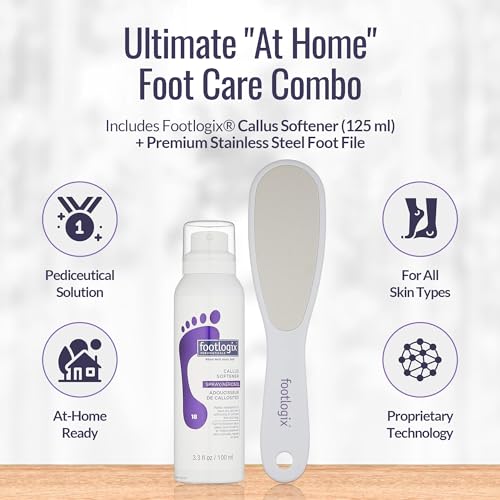 Footlogix Foot Care Callus Softener Combo - Callus Remover Spray & Double-Sided Foot File for Dry, Cracked Heels, Pedicure Tools for Feet, Foot Exfoliator