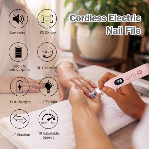 Cordless Electric Nail File Set, 10 Speeds Professional Manicure Pedicure Kit with LED Light, Portable Nail Drill for Natural & Acrylic Nails, Human & Pet Thick Toenails, w 120*Sanding Bands (Pink)