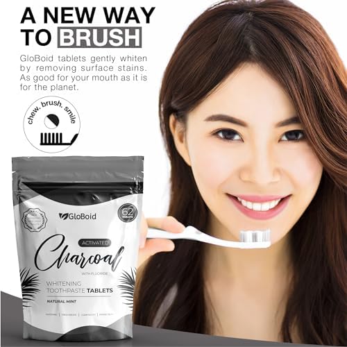 GloBoid Charcoal Toothpaste Tablets with Fluoride, Zero Waste Toothpaste Bits, Eco Friendly Toothpaste Tabs, Plastic Free Toothpaste Bites - 1 Month Supply - 62 Count - Mint