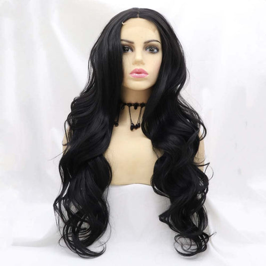 Melody 1 * 4Inch Natural Black Wig U Part Lace Wig Synthetic Black Wigs Heat Resisitant Fiber Long Wavy Hair Wigs Middle Part