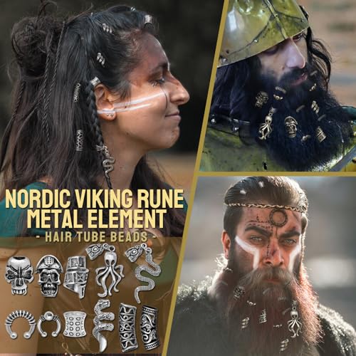 Fscwlmon 207Pcs Viking Hair Jewelry Nordic Runes Tube Beads,Accessories Kit for Braids Dreadlock Beard Locs,Metal Clips Cuff Rings,Braiding Beard Decoration Bracelets Pendant Necklace DIY Silver