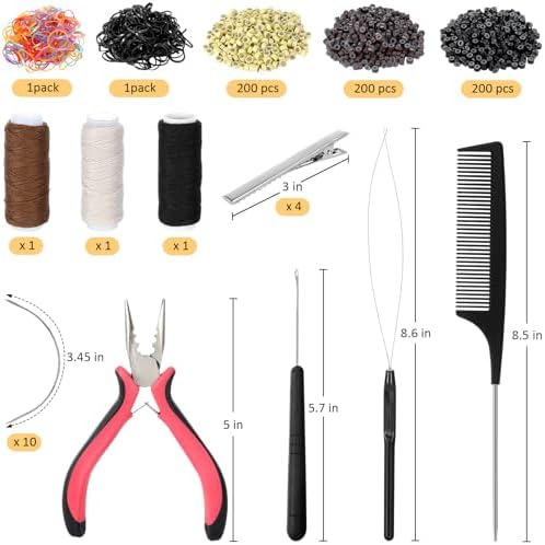 Hair Extension Tools Kit, 600 Silicone Lined Micro Rings, 1 Plier, 2 Hook Needle Pulling Loop, 10 Curved Hair Needle, 4 Metal Hair Clips, 1 Comb, 3 Sewing Threads, 200 Mini Rubber Bands