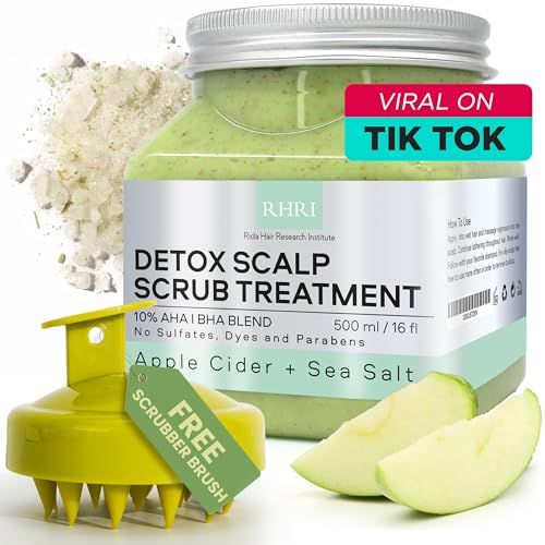 Apple Cider & Sea Salt Green Scalp Scrub Sulfate-Free | 10% AHA & BHA | Exfoliating Hair & Scalp Treatment for Detox, Dandruff & Build-Up | Scalp Exfoliator Hair Scalp Scrub | Refreshing ( 16 Fl Oz )