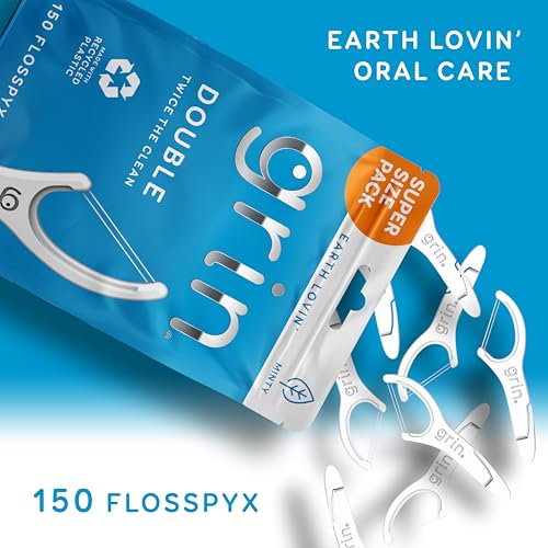 GRIN Double Flosspyx, Floss Picks, 150 ct, Dental Flossers, Minty Flavor, Recycled Plastic, 2 Lines of Strong Floss, Longer Floss Head, Traps Food and Plaque, Includes Safe Soft Fold-Back Tooth Pick