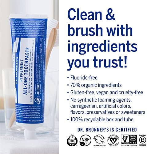 Dr. Bronner’s - All-One Toothpaste Variety Pack - Peppermint & Spearmint, 70% Organic Ingredients, Fluoride-Free, Helps Freshen Breath, Vegan (5oz, 4-Pack)