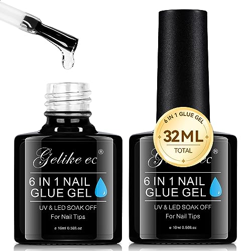 Gelike EC Gel Nail Glue UV Light: 2PCS 6 in 1 Adhesive Polish, Strong Glue for Press On Nails Acrylic Tips, Long Last Kit Blooming Gel Gift for Home Salon DIY 32ML