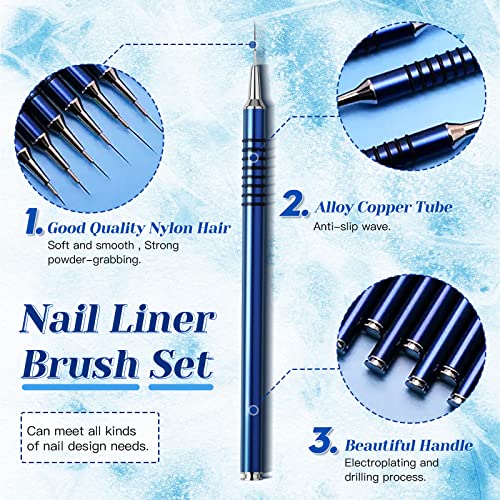 Nail Art Liner Brushes Set, 6Pcs Nail Art Design Brush Striping Thin Long Lines Dotting Drawing Pen, UV Gel Polish Painting Metal Handle Striper Brushes Size 5/7/9/11/20/25mm