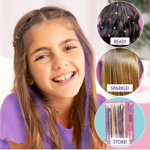 Just My Style Tinsel Hair Stylist Studio, Fairy Hair Tinsel Kit, 9 Colorful Tinsel Strands & Hair Beading Tool, Hair Extensions for Kids, Fun Hair Accessories for Teens, Great Gifts for Preteens