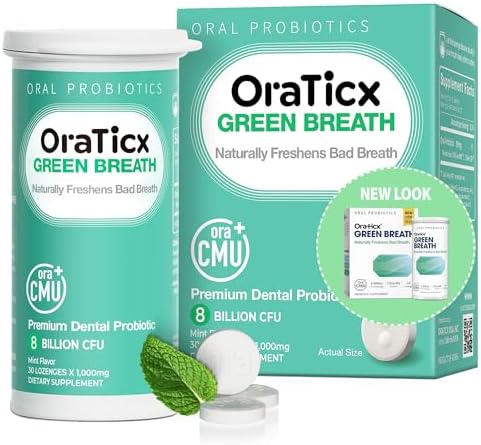 Green Breath Oral Care Probiotics, Naturally Support Freshens Bad Breath & Healthy Mouth, Dental Probiotic Supplement 8 Billion CFU, Mint Flavor 30 Lozenges 1-PK