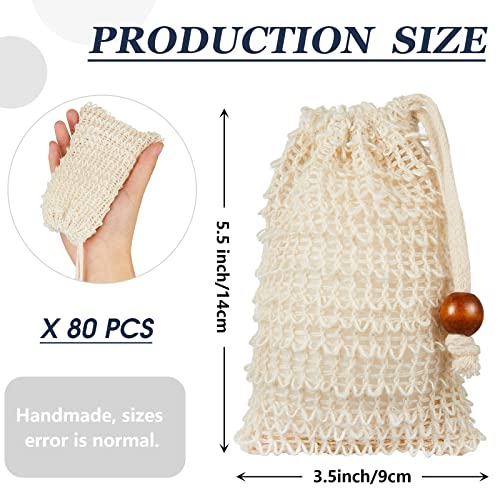 Cunhill 80 Pack Soap Saver Bag Exfoliating Sisal Soap Pouch with Drawstring Bar Wooden Bead Foaming and Drying Exfoliating Net for Bath and Shower (3.5x5.5 Inch)