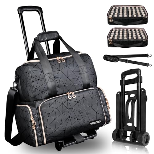 Rolling Nail Polish Organizer Bag Holds 80 Bottles (15ml/0.5fl.Oz)& Nail Lamp, PU Leather Nail Supplies Organizer Case with Detachable Trolley, Extra Large Nail Kit Storage with Wheels (Black)