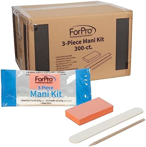 ForPro 3-Piece Mani Kit, 300-Count, Individually-Packed Manicure Set, White Wood Nail File 80/100 Grit, Orange Mini Buffer 80/100 Grit, Wood Stick