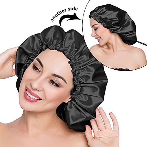 Silky Night Sleeping Cap Satin Bonnet for Curly Hair Adjustable Hair Bonnet Reversible Double Layer X-Large Jet Black