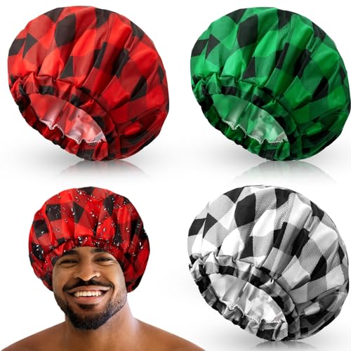 Shower Cap for Men Waterproof Reusable Large Bath Cap Men for Dreadlocks, Braids, Curls, Locs, Curly Hair, 3 Colors(Plaid Pattern)