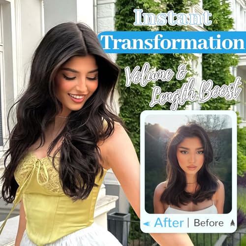 KooKaStyle Invisible Wire Hair Extensions 20‘’ Long Wavy Layered Synthetic Clip in Hair Extensions with Transparent Wire Adjustable Size 6 Secure Clips Dark Brown Thick Hairpieces for Women 20 Inch