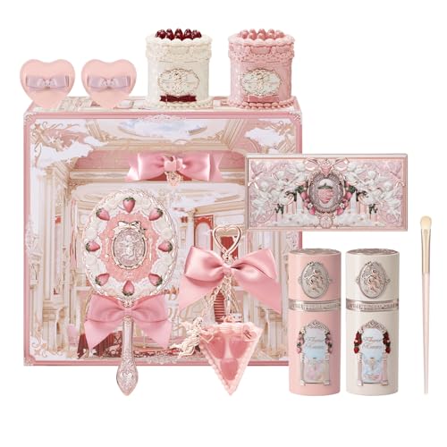 Flower Knows Strawberry Cupid 12 Pack Makeup Gift Box Set,Lip Cream×2+Liquid Blush×2+Makeup Palette×1+Hand Mirror×1+Solid Perfume×1+Hair Clip×1+Cushion Powder Puff×2+Eyeshadow Brush×1+Gift Box×1
