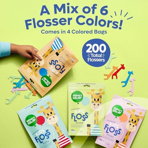 SmartLifeco Biodegradable Kids Flossers - Fluoride Free & Plant Based | Eco Friendly Dental Floss Picks for Children | Fun Animal Flossing Sticks for Toddlers Teeth | Compostable (200 Pack, Mint)