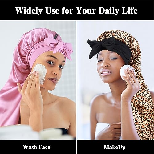 3pcs Long Satin Bonnets for Braids Locs, Large Silky Hair Bonnet with Tie for Women Sleeping Curly Hair, A