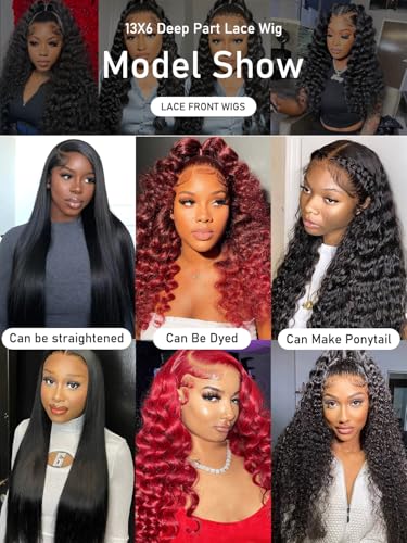 Deep Wave Lace Front Wig 13x6 Soft Remy Virgin Human Hair 180% Density HD Lace Frontal Wigs for Black Women Natural Color Pre Plucked Hairline