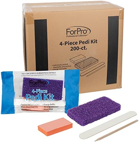 ForPro 4-Piece Pedi Kit, 200-Count, Individually-Packed Pedicure Set, Purple Pumice Pad, White Wood Nail File 80/100 Grit, Orange Mini Buffer 80/100 Grit, Wood Stick