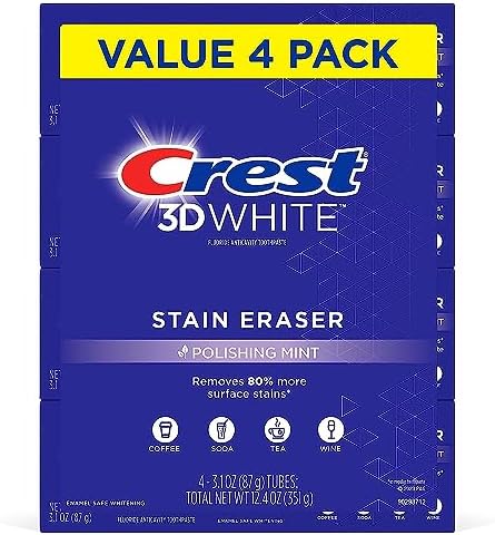 Crest 3D White Stain Eraser Teeth Whitening Toothpaste, Polishing Mint, 3.1 oz (Pack of 4)