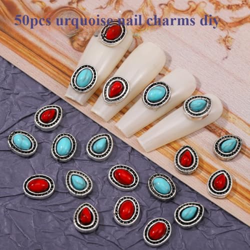 50pcs Western Nail Charms 3D Vintage Turquoise Jewelry Teardrop Shape Blue Red Marble Nail Art Gem Art Accessories for Nail Phone Home Supplies Decoration