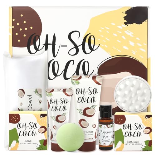 Gift Set for Women BFFLOVE 8pc Coconut Spa Gifts for Women Bath Set for Women with Bath Bomb, Scentd Candle, Massage oil, Towel, Birthday Gifts for Mom,Christmas Gifts for Women