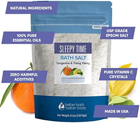 Sleepy Time Bath Salt 128 Ounces (8 Lbs) Epsom Salt with Natural Tangerine and Ylang Ylang Essential Oils Plus Vitamin C in BPE Free Bulk Size Pouch with Easy Press Lock Seal Made in USA