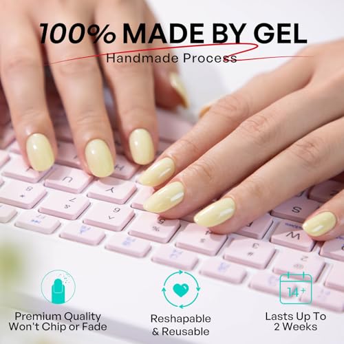 Spring Press on Nails Butter Yellow - GJZEZ Soft Gel False Nails, Short Round Manicure for Women, Salon Looking Comfort Fits Stick on Nails | 16 Sizes - 32 pcs Reusable Nail with Glue, Lemon Chiffon