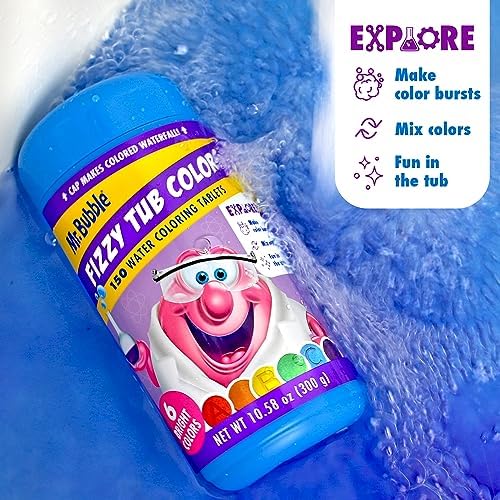 Mr. Bubble Fizzy Tub Colors Bath Water Coloring Tabelets, 6 Bright Colors, Red, Orange, Yellow, Purple, Blue and Green, Fragrance Free, Cap Makes Colorful Waterfall (3 Jars, 150 Tablets Each)