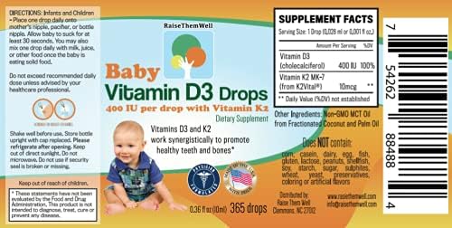 Raise Them Well- Vitamin D and K Drops for Bone and Teeth Health, 365 Servings, 0.36 fl/oz