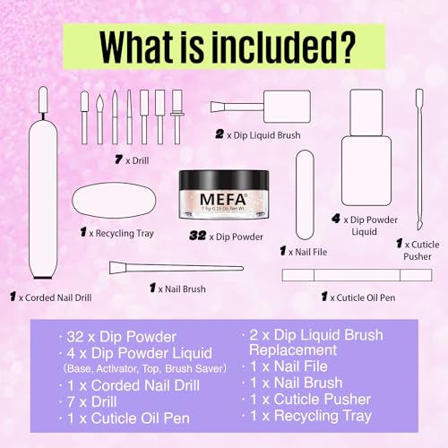 MEFA Dip Powder Nail Kit with Portable Electric Nail Drill, Summer Glitter Shimmery Hot Pink Pastel Violet Neon Orange 32 Colors Dipping Powder Liquid Set Bright Shades French Nail Art Manicure Salon