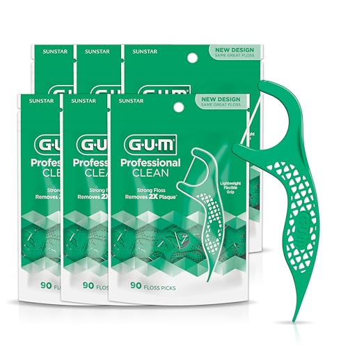 GUM Professional Clean Floss Picks - Extra Strong Shred-Resistant Floss, Easy Grip Handle - Dental Flossers for Adults - Fresh Mint Flavor, 90 Count (Pack of 6)