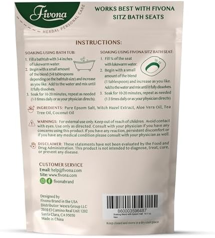 Fivona Sitz Bath Soak Blend for Hemorrhoids and Postpartum Recovery - Epsom Salt and Essential Oils Soaking Mix - 14.1 oz - Natural Care for Fissures and Bartholin Cysts
