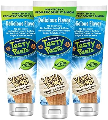 Tanner's Tasty Paste Vanilla Bling - Anticavity Fluoride Children’s Toothpaste/Great Tasting, Safe, and Effective Vanilla Flavored Toothpaste for Kids (3-Pack)