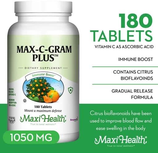 Maxi Health Max C Gram Plus -Gradual Release Buffered Vitamin C Tablets, 180 Count (Pack of 1)