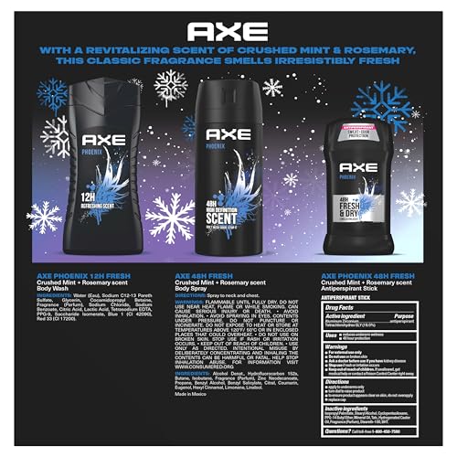 AXE Phoenix Fresh Gift Set for Men Body Wash, Spray & Antiperspirant, 48H Protection, Crushed Mint & Rosemary Scent (3 Piece Set)