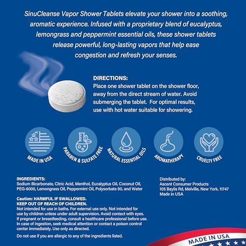 Sinucleanse Vapor Shower Steamers, All Natural Lemongrass, Eucalyptus & Mint Aromatherapy, 12 Extra Large Vapor Shower Tablets, Relaxation and Spa Gifts for Women and Men, Made in USA