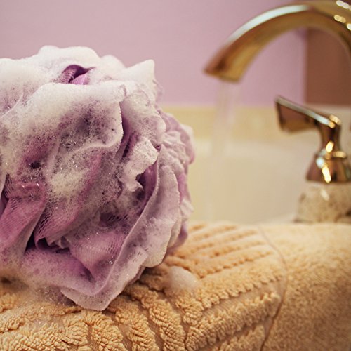 Loofah-Bath-Sponge Lace-Mesh-Set // 2-Scrubs-in-1 by Shower Bouquet/Large Full 60g Pouf (4 Pack Spa Colors) Body Luffa Loofa Loufa Puff - Exfoliate, Cleanse Skin with Luxurious Bathing Accessories