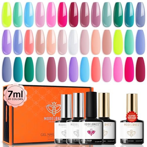 modelones 24Pcs Gel Nail Polish Set, 20 Colors Summer Neon Gel Polish Set Rainbow Colors with Glitter & Glossy & Matte Top + Base Coat Soak Off LED Nail Art Kit Salon at Home