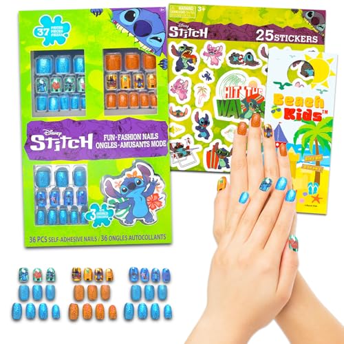 Stitch Nail Art Stickers Set - Bundle with 36 Lilo and Stitch Press-On Nails for Birthday Supplies, Goodie Bags, and More, with Stickers and More