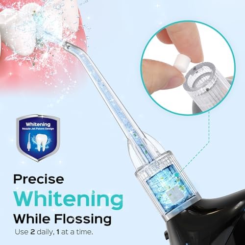 COSLUS Water Flosser Pick with 30pcs Whitening Mint Flavor Refill Combo for Teeth, Braces, Gums Care - Easy to Use, Portable for Coffee Lovers & Travel, Rechargeable, BPA-Free, Black, W40(F5020E)